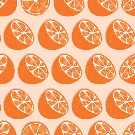 Fruit seamless pattern, orange halves with shadow on light pink background. Summer vibrant design....