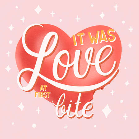 It was love at first bite. Colorful poster design illustration with big heart. Bite marks and hand lettering typography and decorative elementsの写真素材