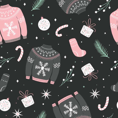Christmas seamless pattern with ugly sweater. Woolen winter clothes and traditional festive elements and decoration. Flat vector colorful illustration.のイラスト素材