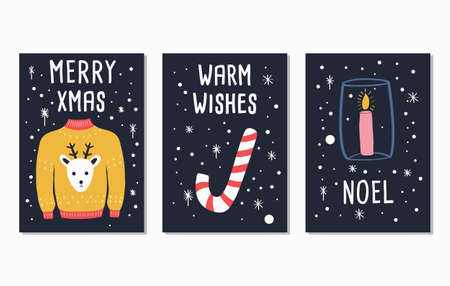 Merry Christmas and Happy new year text lettering card designs with stockings, sweater, bear and decoration. Collection of three colorful flat vector illustrations.のイラスト素材