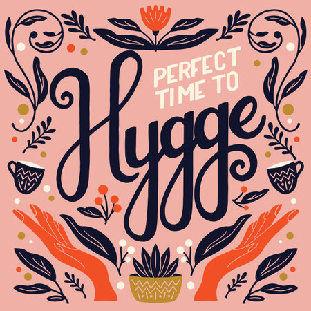 Hygge concept. Colorful hand lettering and illustration design. Scandinavian folk motives. Cozy atmosphere at home. Flat vector illustration.のイラスト素材