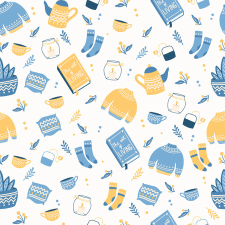 Seamless pattern with hygge concept items. Colorful illustration design. Scandinavian folk motives. Cozy atmosphere at home. Flat vector illustration.のイラスト素材