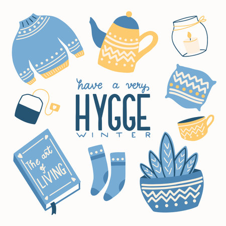 Hygge concept with colorful hand lettering and illustration design. Scandinavian folk motives. Cozy atmosphere at home. Flat vector illustration.のイラスト素材
