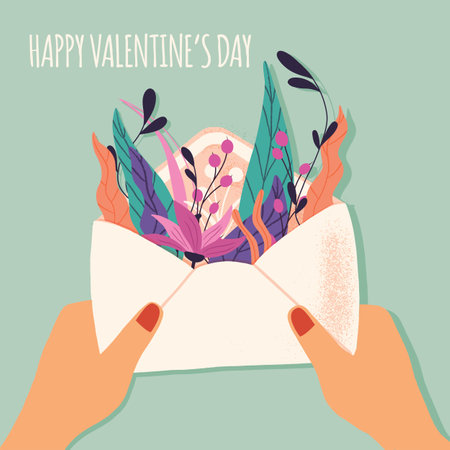 Envelope with love letter. Colorful hand drawn illustration with handlettering for Happy Valentineâs day. Greeting card with flowers and decorative elements.のイラスト素材