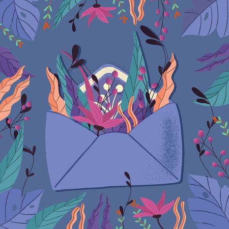 Envelope with love letter. Colorful hand drawn illustration with handlettering for Happy Valentineâs day. Greeting card with flowers and decorative elements.のイラスト素材