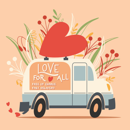 Love truck vehicle with a heart and love message. Colorful hand drawn illustration with handlettering for Happy Valentineâs day. Greeting card.のイラスト素材