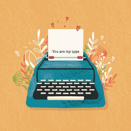 Typewriter and love note with hand lettering. Colorful hand drawn illustration for Happy Valentineâs day. Greeting card with flowers and decorative elements.の写真素材