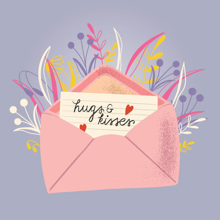 Envelope with love letter. Colorful hand drawn illustration with handlettering for Happy Valentineâs day. Greeting card with flowers and decorative elements.のイラスト素材