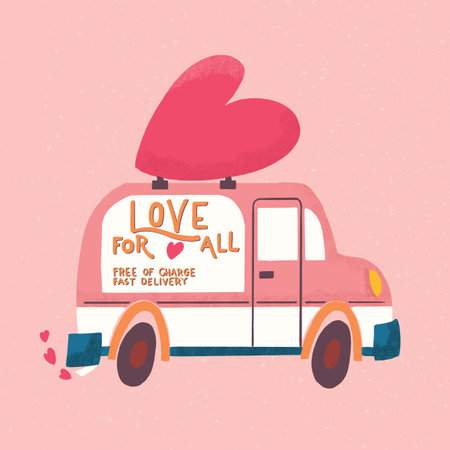 Love truck vehicle with a heart and love message. Colorful hand drawn illustration with handlettering for Happy Valentineâs day. Greeting card.の写真素材