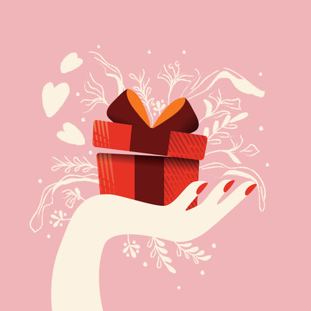 Hand holding a gift box with hearts coming out and decoration. Colorful hand drawn illustration for Happy Valentineâs day. Greeting card with foliage and decorative elements.のイラスト素材