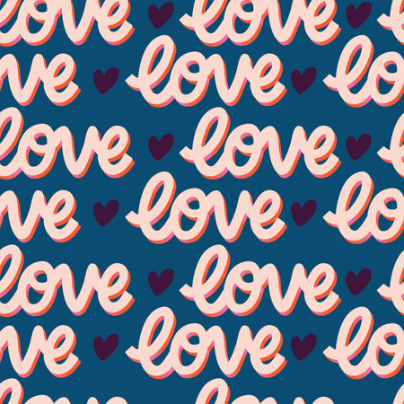 Seamless pattern with hand lettered message love for Happy Valentine's day. Colorful flat illustration.のイラスト素材