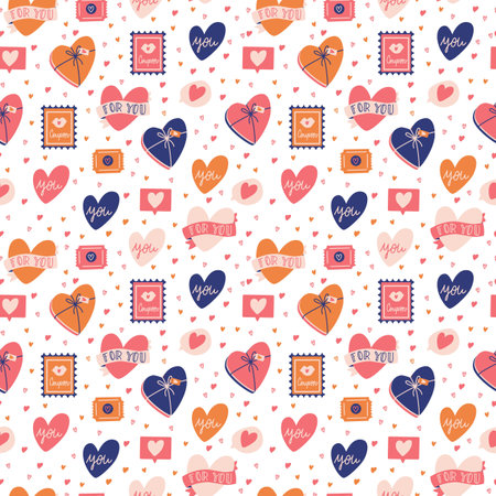 Seamless pattern with big collection of love objects and symbols for Happy Valentine's day. Colorful flat illustration.のイラスト素材