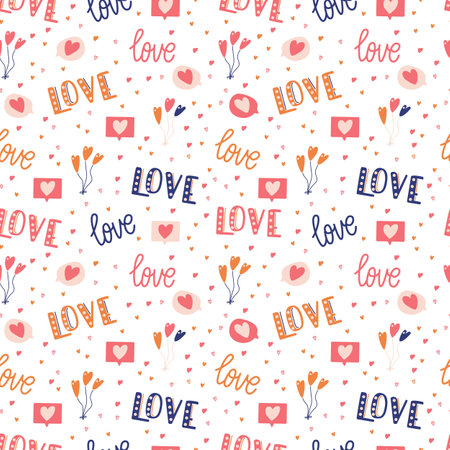 Seamless pattern with big collection of love objects and symbols for Happy Valentine's day. Colorful flat illustration.のイラスト素材