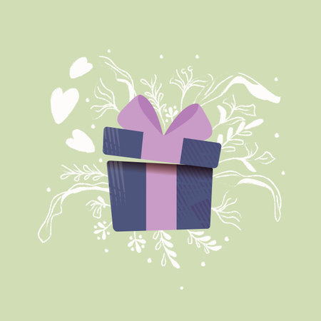 Gift box with hearts coming out and decoration. Colorful hand drawn illustration for Happy Valentineâs day. Greeting card with foliage and decorative elements.のイラスト素材