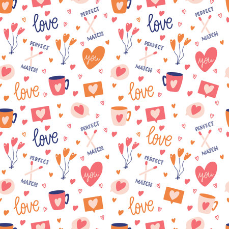Seamless pattern with big collection of love objects and symbols for Happy Valentine's day. Colorful flat illustration.のイラスト素材