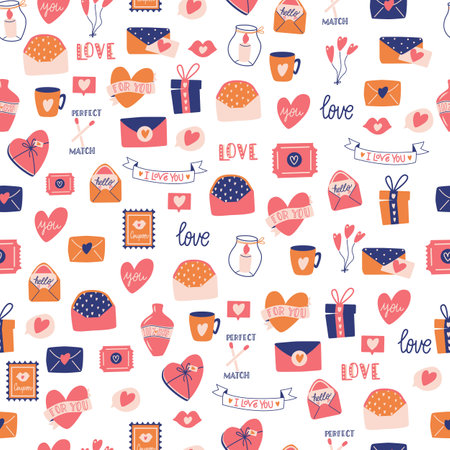 Seamless pattern with big collection of love objects and symbols for Happy Valentine's day. Colorful flat illustration.のイラスト素材