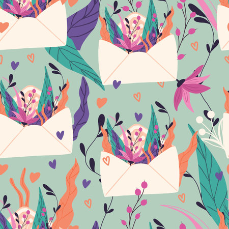 Seamless pattern with big collection of love letters and symbols for Happy Valentine's day. Colorful flat illustration.のイラスト素材