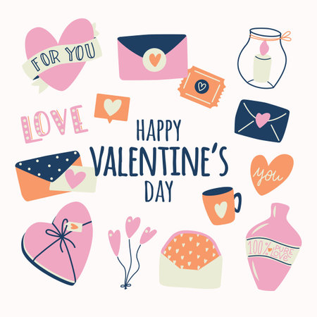 Big collection of love objects and symbols for Happy Valentine's day. Colorful flat illustration.のイラスト素材