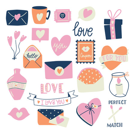 Big collection of love objects and symbols for Happy Valentine's day. Colorful flat illustration.のイラスト素材
