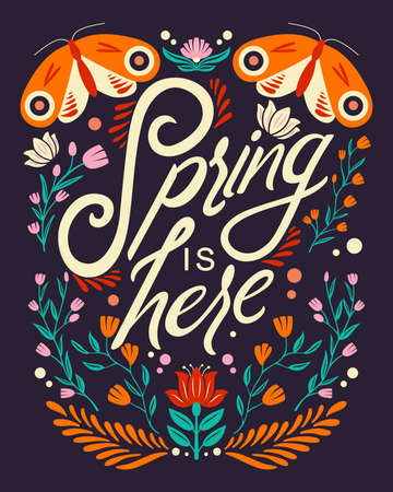 Colorful decorative handwritten typography design with animals and flower decoration. Spring hand lettering illustration design. Spring motifs in folk art style. Colorful flat vector illustration.のイラスト素材