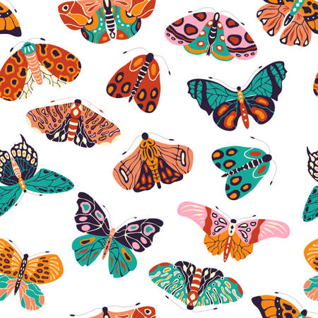 Seamless pattern with colorful hand drawn butterflies and moths on white background. Stylized flying insects, vector illustration.のイラスト素材