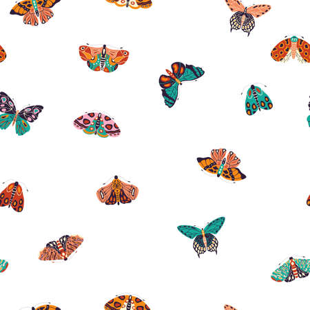 Seamless pattern with colorful hand drawn butterflies and moths on white background. Stylized flying insects, vector illustration.のイラスト素材