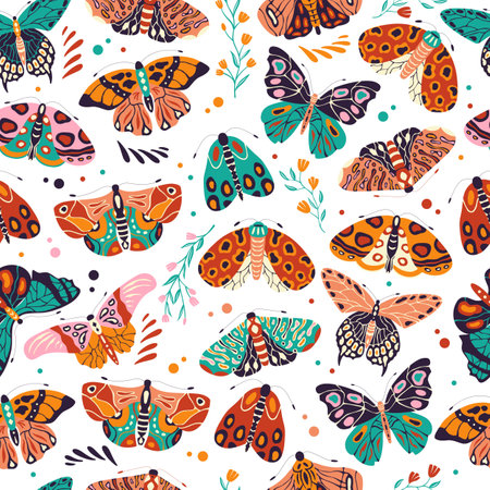 Seamless pattern with colorful hand drawn butterflies and moths on white background. Stylized flying insects with flowers and decorative elements, vector illustration.のイラスト素材