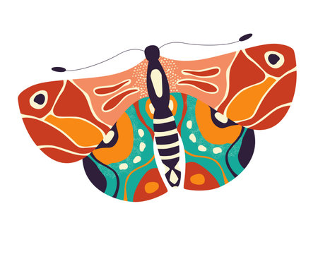 Colorful hand drawn butterfly illustration on white background. Stylized flying insects, decorative elements, vector illustration.のイラスト素材