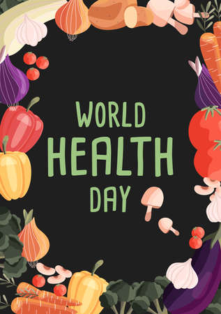 World health day vertical poster template with collection of fresh organic vegetables. Colorful hand drawn illustration on dark green background. Vegetarian and vegan food.のイラスト素材