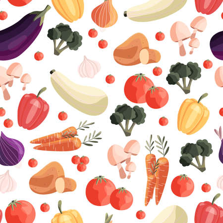 Seamless pattern with colorful vegetables. Hand drawn vector illustration design. Natural organic food. Wallpaper and fabric design.のイラスト素材