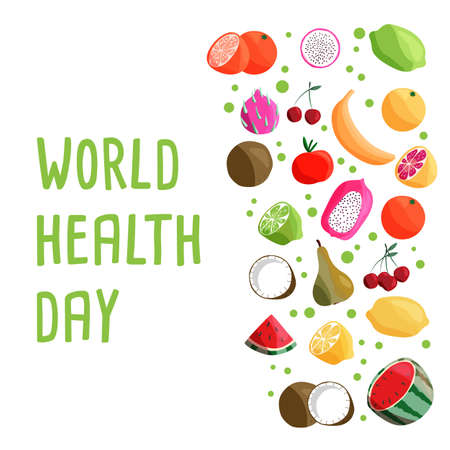 World health day square poster template with collection of fresh organic fruit.のイラスト素材