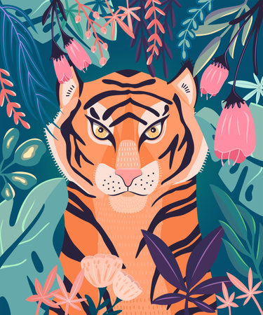 Portrait of a tiger in a jungle surrounded with colorful plants. Vector illustration.のイラスト素材