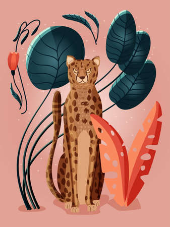 Portrait of a cheetah on pink background surrounded with colorful plants, palm leaves and flowers. hand drawn vector illustration.のイラスト素材