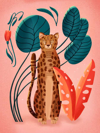 Portrait of a cheetah on pink background surrounded with colorful plants, palm leaves and flowers. Hand drawn illustration.の写真素材