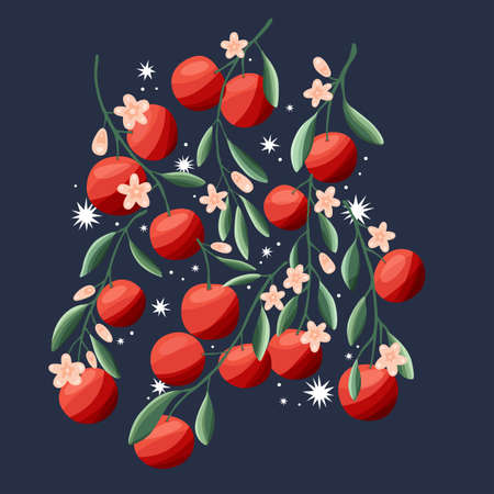 Oranges on tree branches. Tropical summer fruit, on dark blue background. Abstract colorful hand drawn vector illustration.のイラスト素材