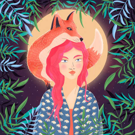 Portrait of a woman and a red fox on her shoulder. Night scene with moon and stars. Wild animal and girl in nature. Colorful hand drawn illustration.の写真素材