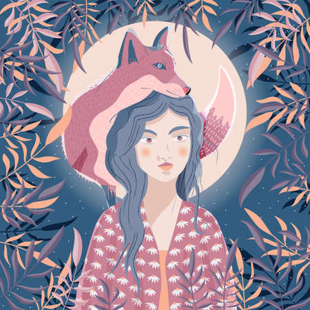Portrait of a woman and a fox on her shoulder. Night scene with moon and stars. Wild animal and girl in nature. Colorful hand drawn vector illustration.のイラスト素材