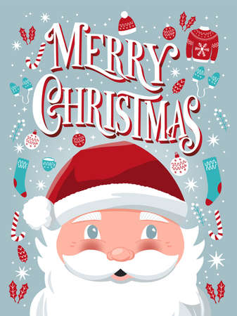 Merry Christmas hand lettering sign with hand drawn Santa Claus and holiday icons on light blue background with stars. Colorful festive vector illustrationのイラスト素材