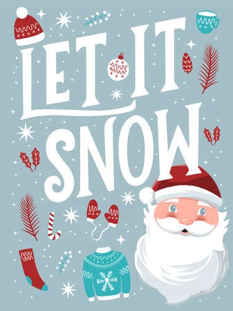 Let it snow hand lettering sign with hand drawn Santa Claus and holiday icons on light blue background with stars. Colorful festive vector illustrationのイラスト素材