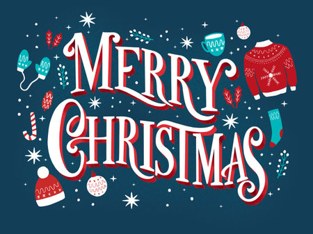 Merry Christmas hand lettering sign on dark blue background with holiday icons and stars. Colorful festive illustrationの写真素材