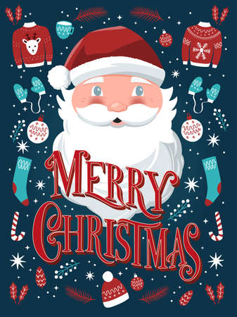 Merry Christmas hand lettering sign with hand drawn Santa Claus and holiday icons on dark blue background with stars. Colorful festive vector illustrationのイラスト素材
