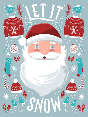 Let it snow hand lettering sign with hand drawn Santa Claus and holiday icons on light blue background with stars. Colorful festive vector illustrationのイラスト素材