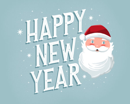 Happy new year card with santa claus and hand lettering sign. Colorful festive holiday illustrationの写真素材