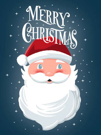 Merry Christmas hand lettering sign with hand drawn Santa Claus on dark blue background with stars. Colorful festive illustrationの写真素材