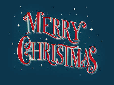 Merry Christmas hand lettering sign on dark blue background with stars. Colorful festive illustrationの写真素材
