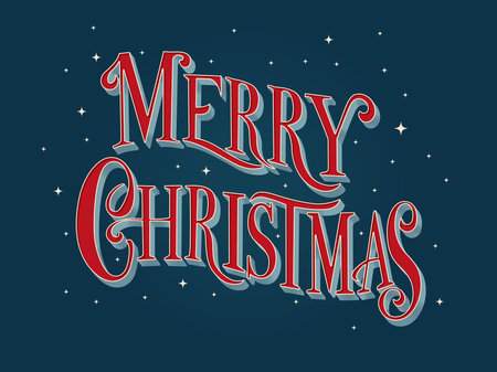 Merry Christmas hand lettering sign on dark blue background with stars. Colorful festive vector illustrationのイラスト素材