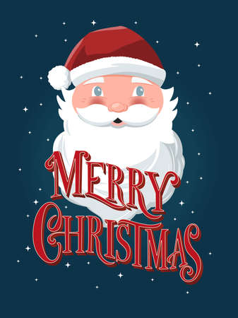 Merry Christmas hand lettering sign with hand drawn Santa Claus on dark blue background with stars. Colorful festive vector illustrationのイラスト素材