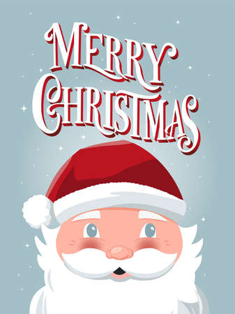 Merry Christmas hand lettering sign with hand drawn Santa Claus and stars on light blue background. Colorful festive vector illustrationのイラスト素材