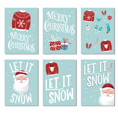 Collection of Christmas and New Year card templates with Santa Claus and hand drawn lettering typography. Holiday icon set. Colorful vector illustration.のイラスト素材