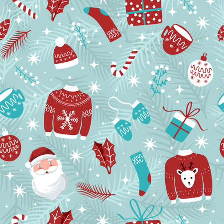 Christmas and New Year seamless pattern with hand drawn Santa Claus and holiday icons on light blue background with stars and snow. Colorful festive illustrationのイラスト素材